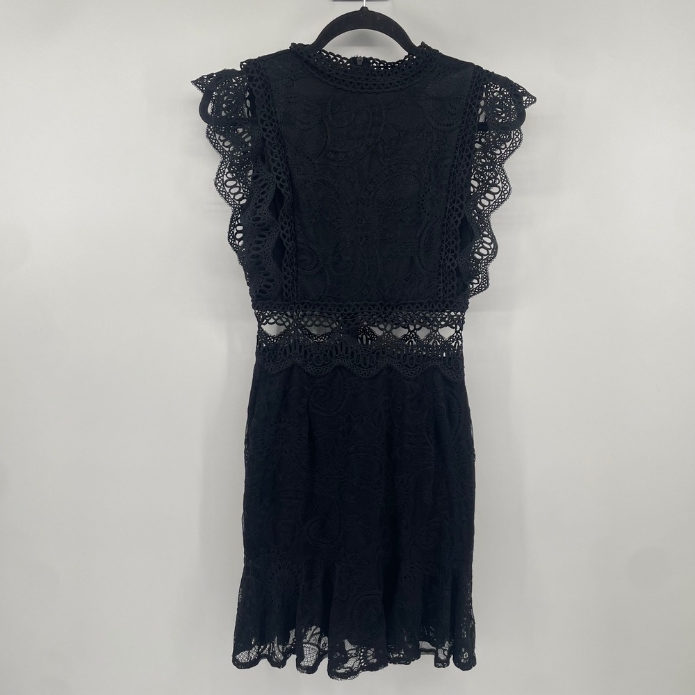 Double Crazy Lace Mini Dress Womens Small Black Cutout Ruffle Flutter Sleeve LBD